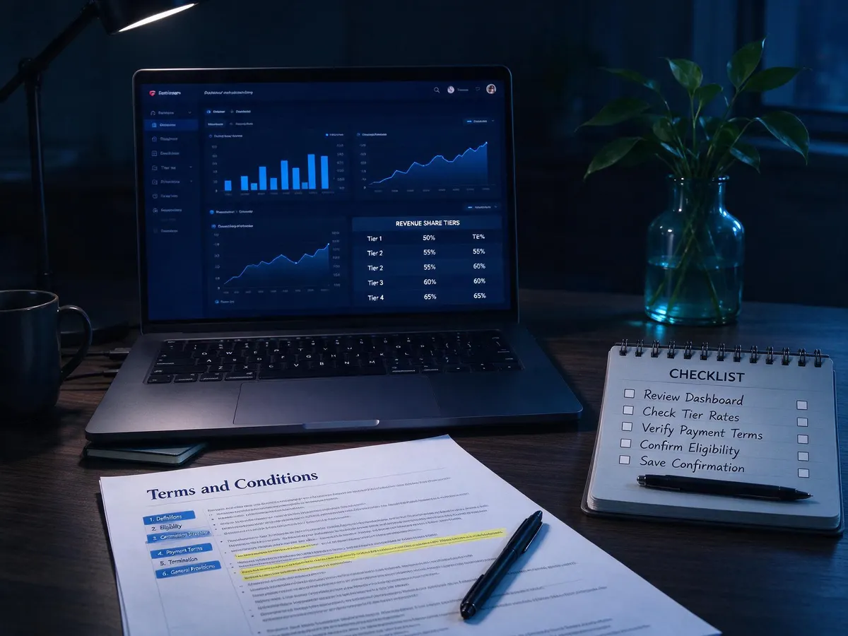Laptop showing an affiliate commission dashboard beside a highlighted terms and conditions document