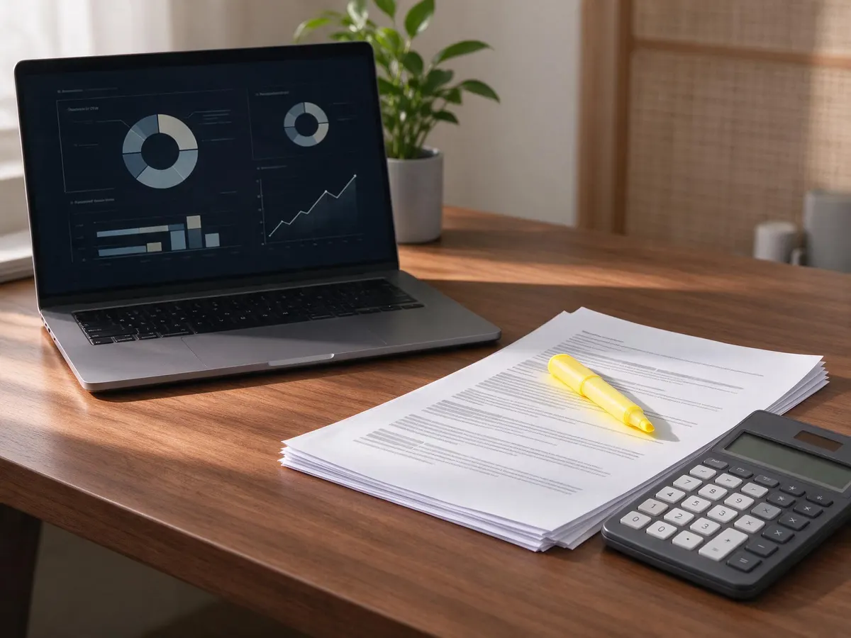 Laptop showing affiliate program earnings dashboard beside a highlighted terms document and calculator