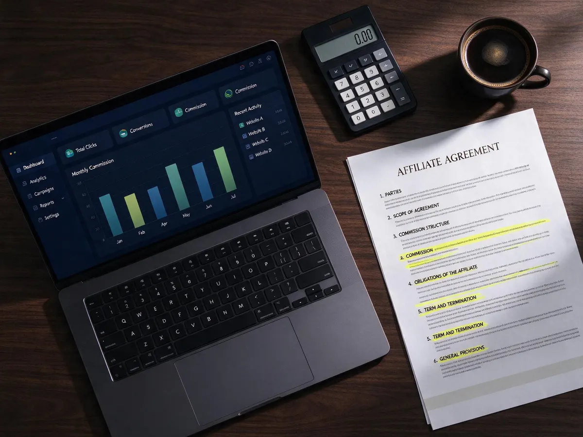 Affiliate dashboard and highlighted contract clauses on a desk, illustrating affiliate payout and tracking terms