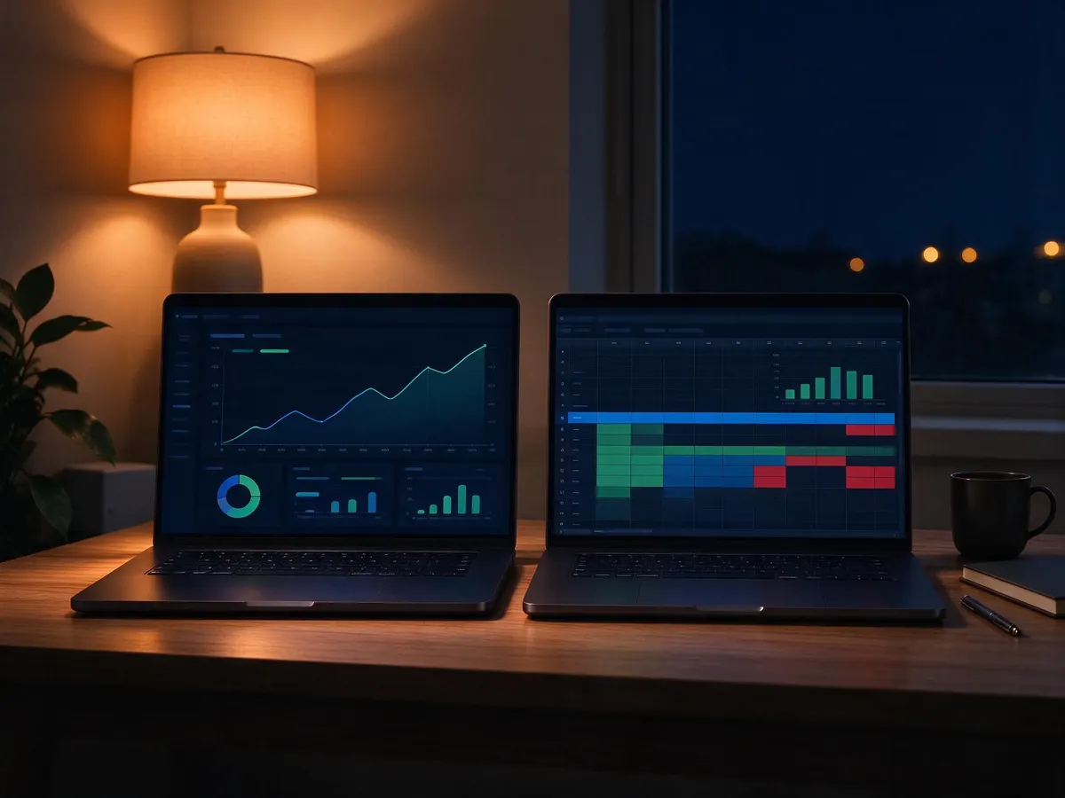 Affiliate comparing two casino affiliate program dashboards on side-by-side screens