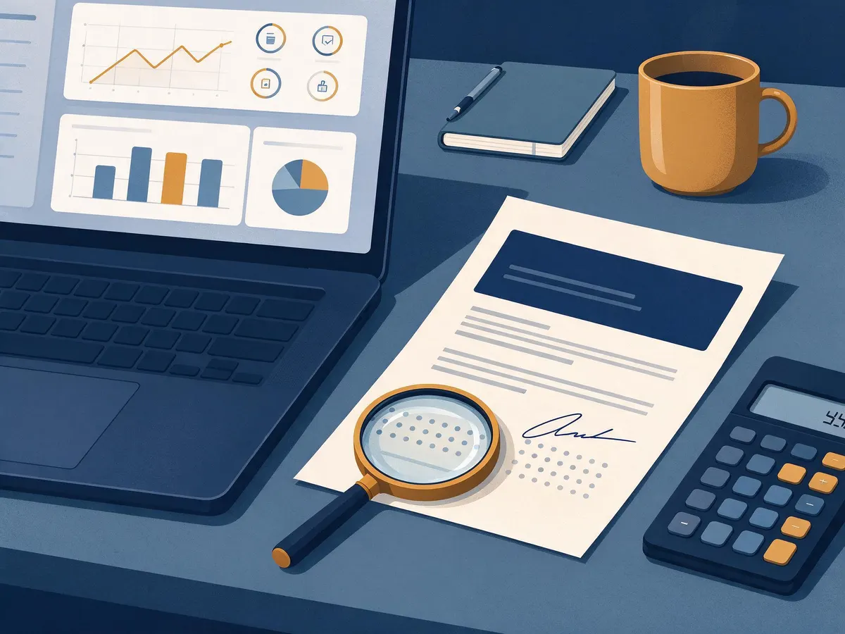 Illustration of an affiliate dashboard beside a contract being examined with a magnifying glass