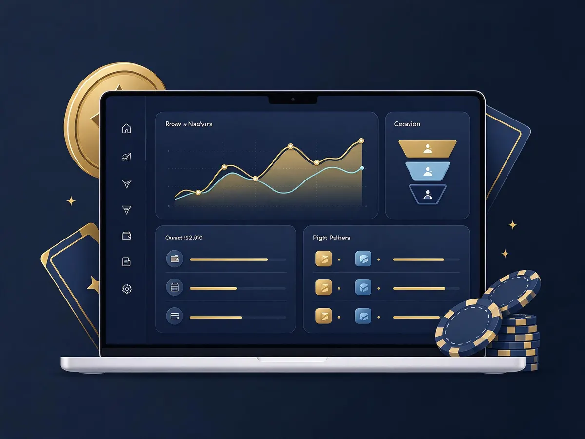 Illustration of an iGaming affiliate dashboard showing traffic, conversions and payout figures