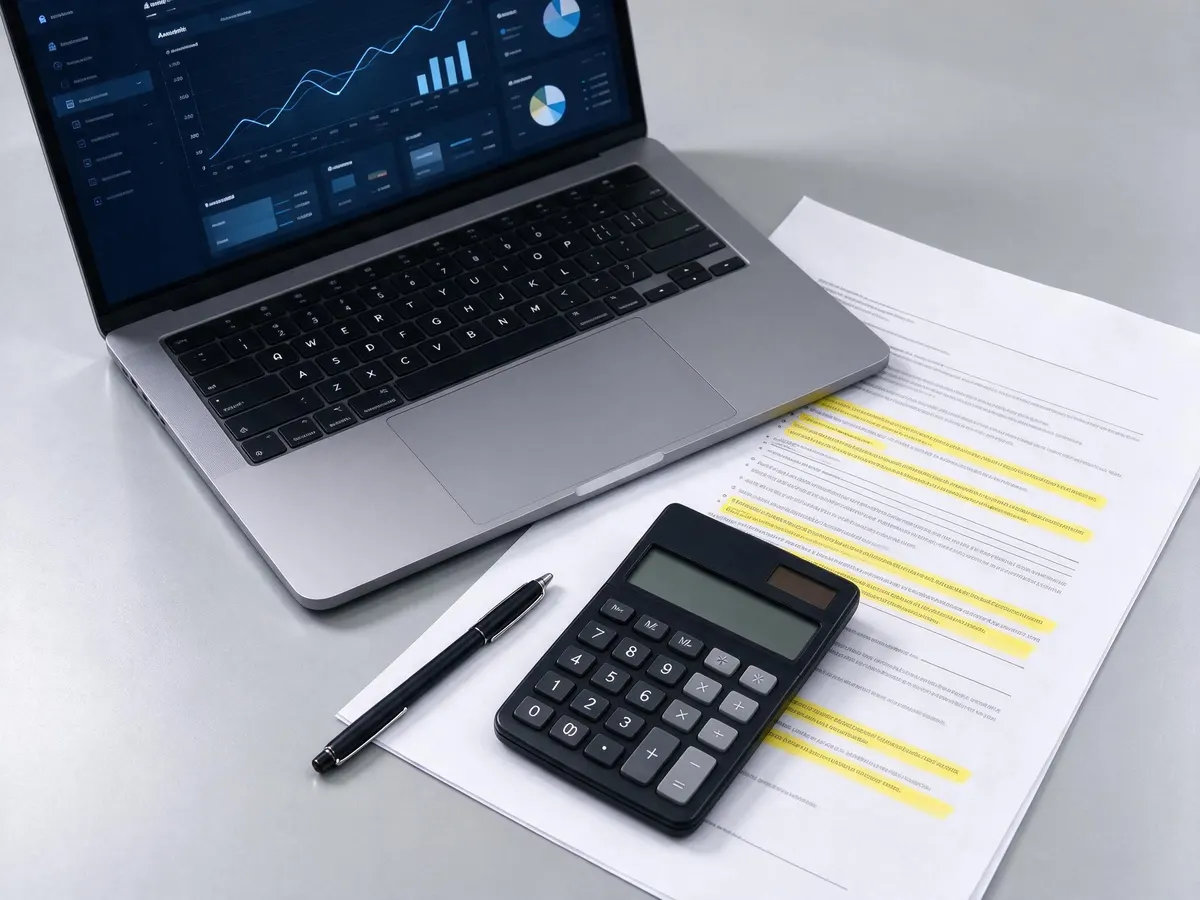 Affiliate dashboard on a laptop beside a highlighted contract and calculator