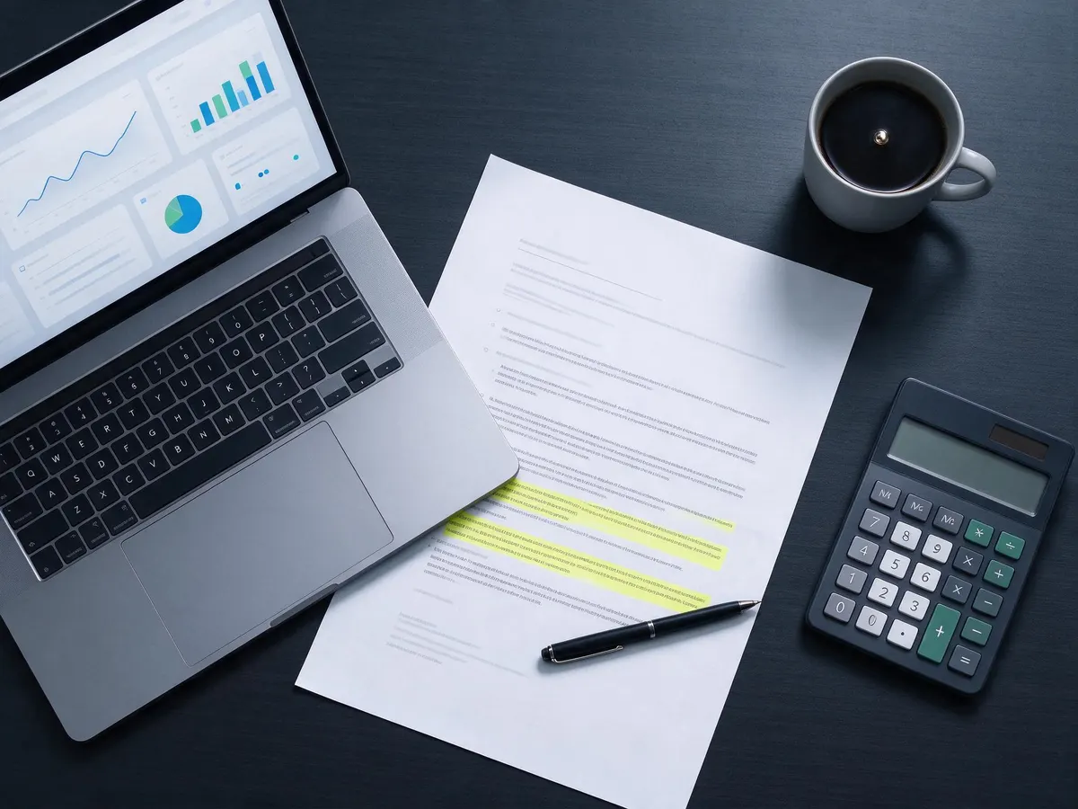 Affiliate dashboard on a laptop beside a highlighted contract, representing due diligence on a casino affiliate program