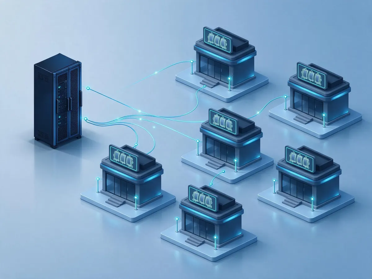 Illustration of one central gaming platform powering several separate online casino brands