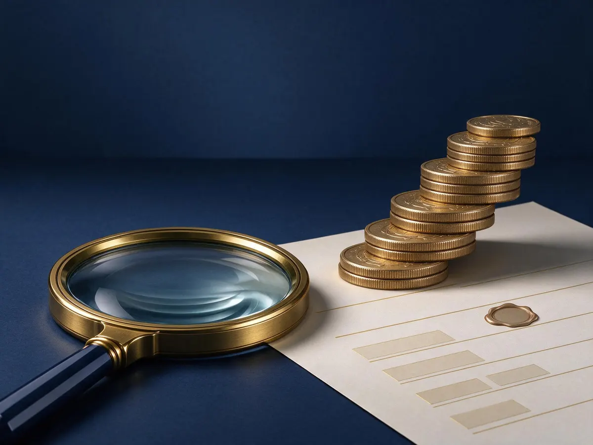 Illustration of tiered coin stacks and a magnifying glass over an affiliate contract