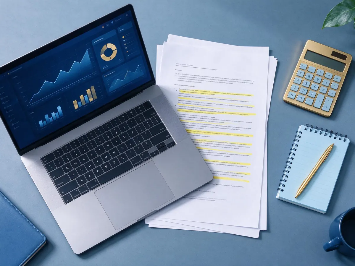 Desk with laptop showing affiliate revenue charts beside a highlighted contract, representing casino affiliate program terms