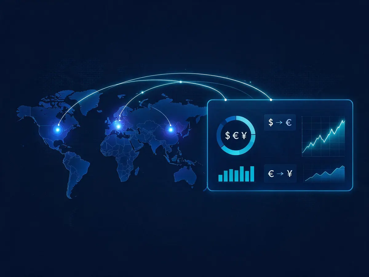 Illustration of regional traffic flows feeding into an affiliate analytics dashboard with multiple currency symbols