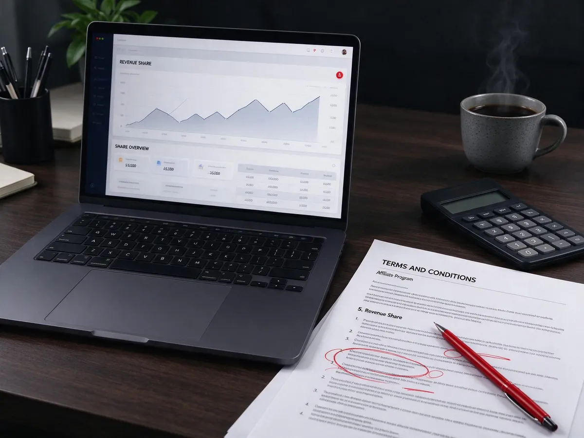 Laptop with affiliate revenue dashboard beside a marked-up contract document