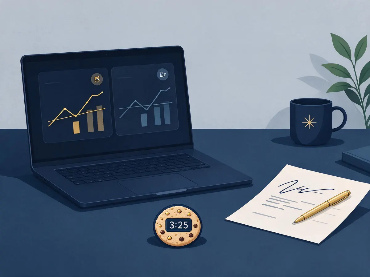 Illustration of an affiliate dashboard comparing revenue share and CPA earnings next to a contract and a cookie timer icon