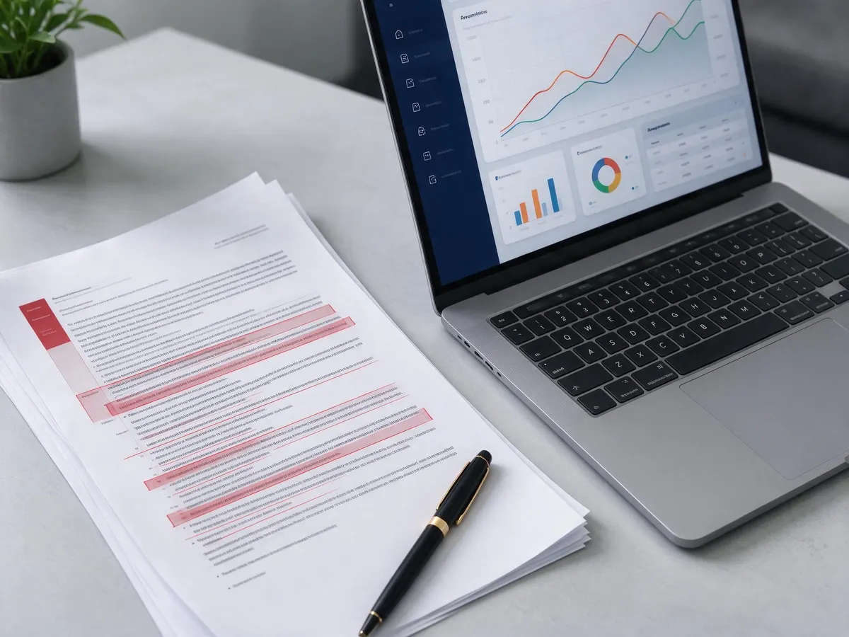 Laptop showing affiliate revenue dashboard next to a marked-up partner program contract