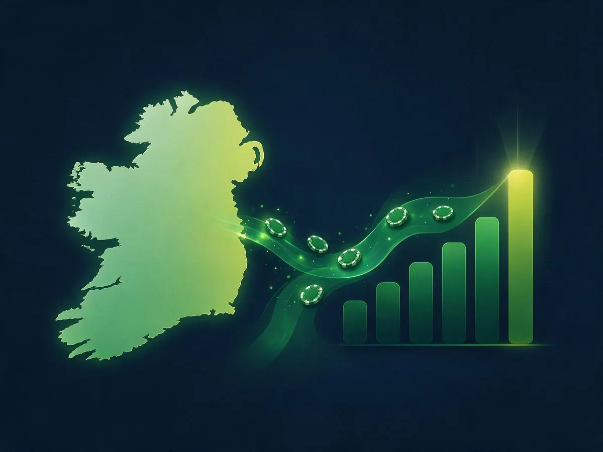 Map of Ireland with data lines flowing to a chart, illustrating geo-targeted casino affiliate traffic