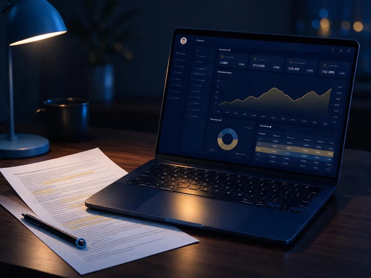 Laptop showing a casino affiliate dashboard next to a printed terms sheet with highlighted clauses