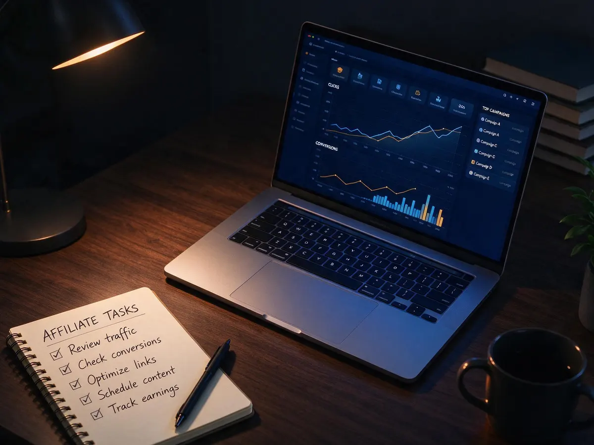 Affiliate marketer reviewing a reporting dashboard and a handwritten checklist at a desk at night