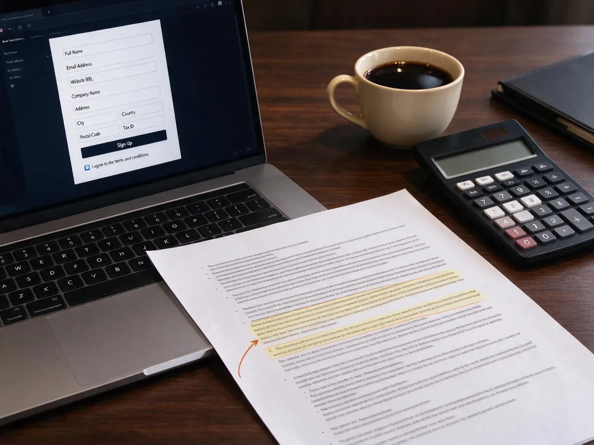 Laptop with a casino affiliate sign-up form beside printed terms and conditions with a highlighted clause