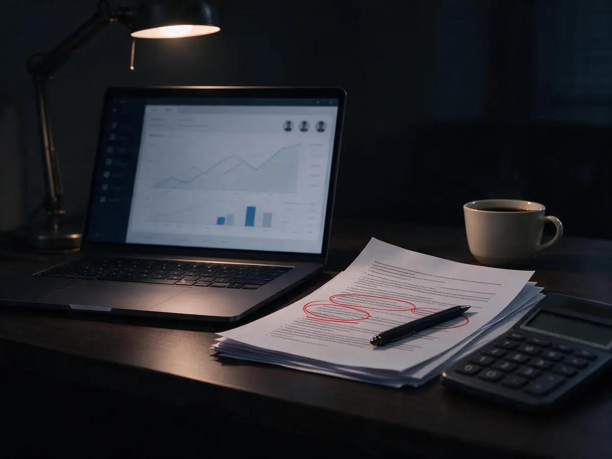 Laptop showing an affiliate dashboard next to a marked-up terms and conditions document