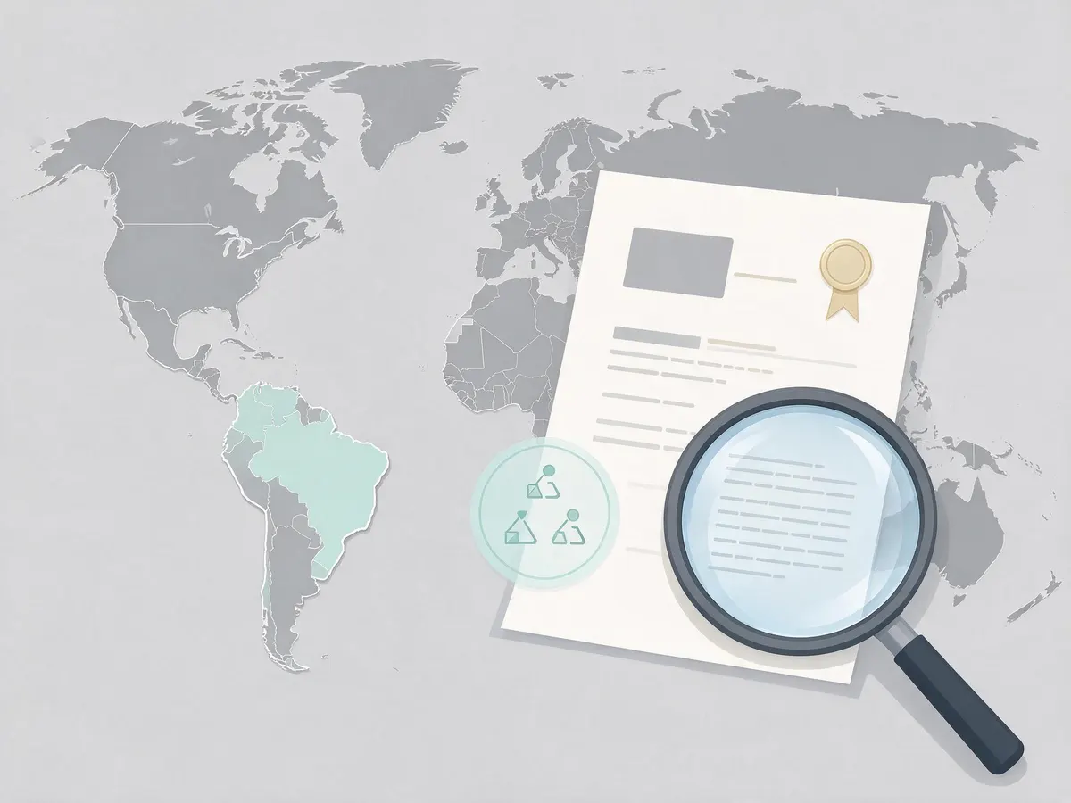 Illustration comparing a single highlighted market against a global map, with a magnifying glass over affiliate contract terms