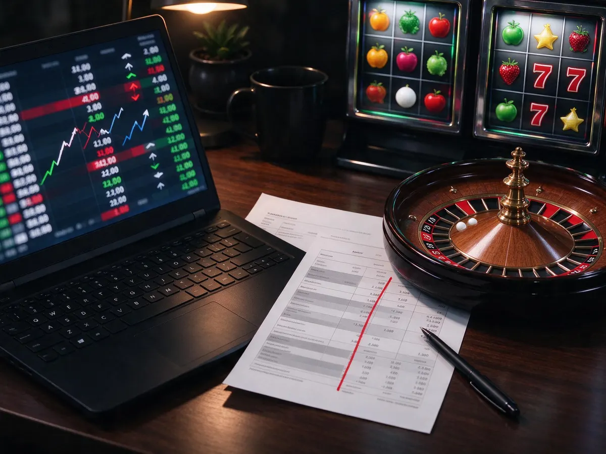 Split desk scene comparing a sportsbook odds board with casino games beside an affiliate commission statement